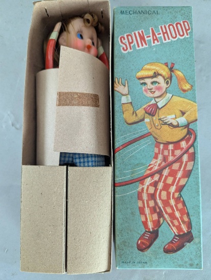 1950s Japan Tin Litho Mechanical Spin A Hoop Toy New in Box