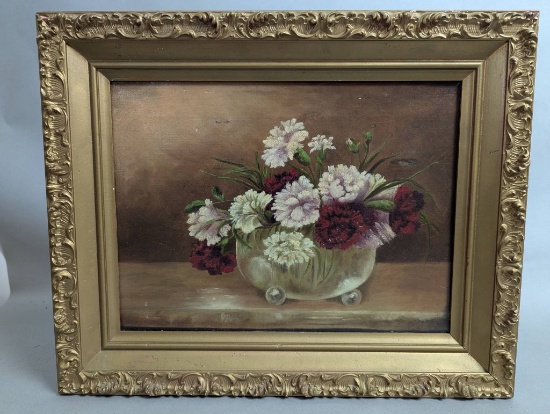 Floral Oil Painting in Gilded Frame with Glass Bowl Design