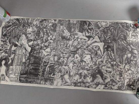 Ink Drawing by Phil Kutno with Nude Figures and Surreal Imagery