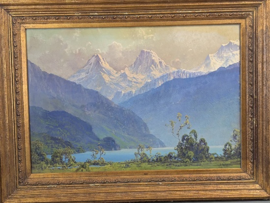 Large Watercolor Painting by H Anthony Dyer of Lake Thun