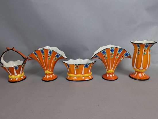 5 Hand Painted Czech Art Pottery Vases and Containers