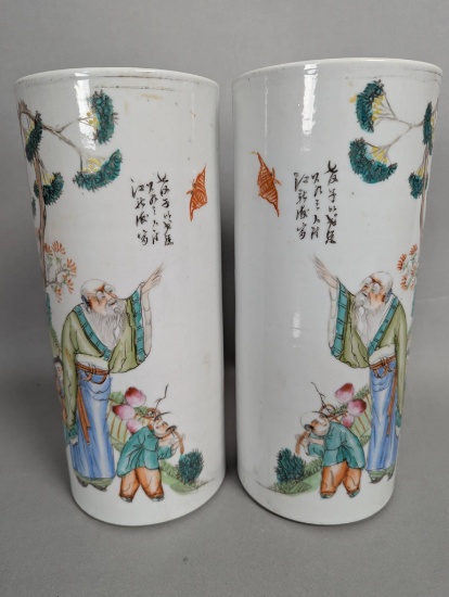 Chinese Famille Rose Porcelain Vases with Painted Figures Signed