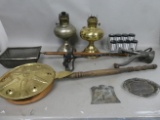 Lot 9 Antique Assorted Houseware Items Spice Rack Bed Warmer Oil Lamps etc