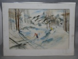 Signed Burmanski Downhill Skiing Skiers Watercolor Painting