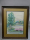 1984 Anna Wachtler Trees Lake & House Watercolor Painting