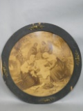 Antique Large Circular Print Madonna Jesus & Angels in Frame
