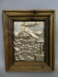 Vintage Copper Bas Relief Wall Plaque of Town Before Mountain