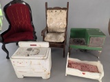 Collection of Vintage Toy Furniture with Rocking Cradle Stoves etc