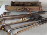 Lot of Assorted Vintage Golf Clubs & Balls with Canvas and Leather Bags