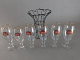 Set of 6 Stella Artois Glasses with Gold Rims and Wire Rack