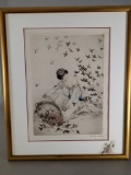 Woman Feeding Birds Etching by Louis Icart in Art Deco Style