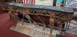 Decorative Wrought Iron Console Table with Glass Top and Leaf Motif