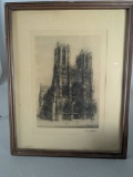 Vintage Reims Cathedral Place du Parvis Pen and Ink Print
