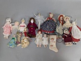 Porcelain and Cloth Holiday-Themed Dolls and Ornaments