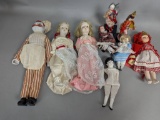 Lot of Bisque China and Porcelain Dolls with Various Outfits