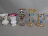 5 Hand Blown Czech Glass Vases with Floral and Decorative Designs