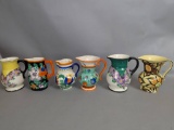 6 Hand Painted Czech Ceramic Pitchers with Floral Motifs