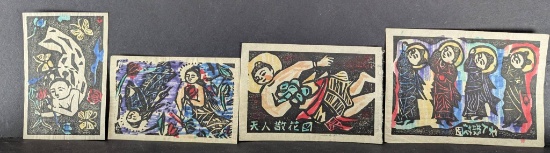 Set of 4 Linocut Prints Depicting Devas Scattering Flowers