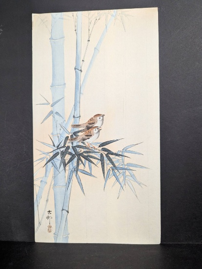 Japanese Woodblock Print by Ohara Koson Depicting Sparrows and Bamboo c1910