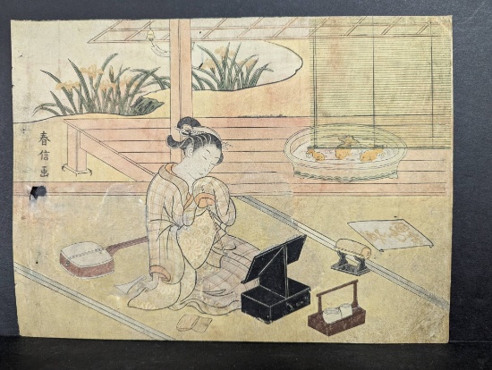 Japanese Woodblock Print by Suzuki Harunobu with Shamisen and Mirror