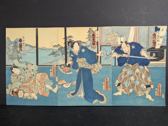 Japanese Woodblock Print by Toyokuni III Kabuki Triptych Depiction