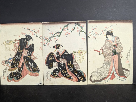 Japanese Woodblock Print Triptych by Utagawa Toyokuni III Actors 19th Century