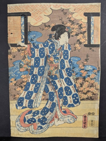 Japanese Woodblock Print Young Woman on a Veranda by Utagawa Kunisada/Toyokuni III 19th Century