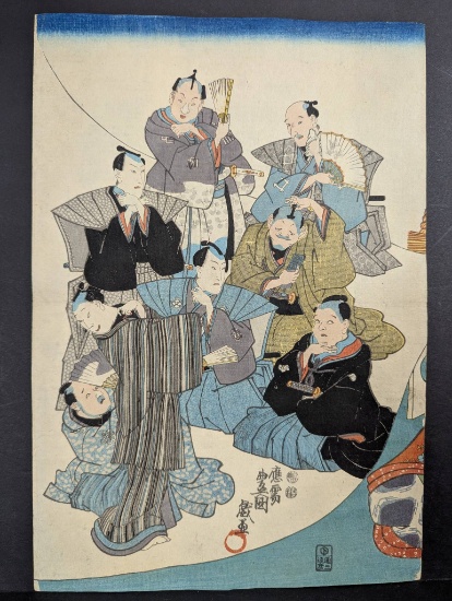 Japanese Woodblock Print by Utagawa Kunisada Group Scene 19th Century