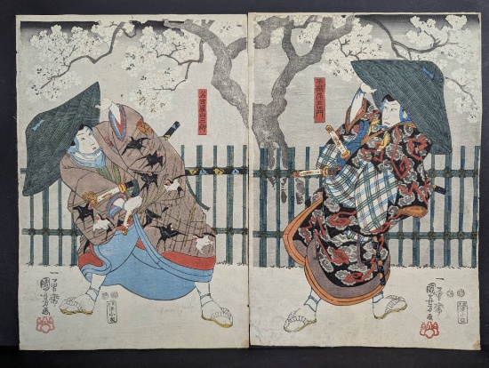 Japanese Woodblock Print by Utagawa Kuniyoshi Depicting Two Samurai 19th Century