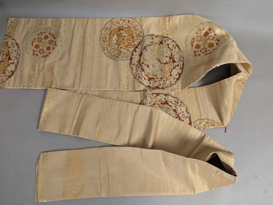 Japanese Silk Nagoya Obi with Shishi and Floral Motifs