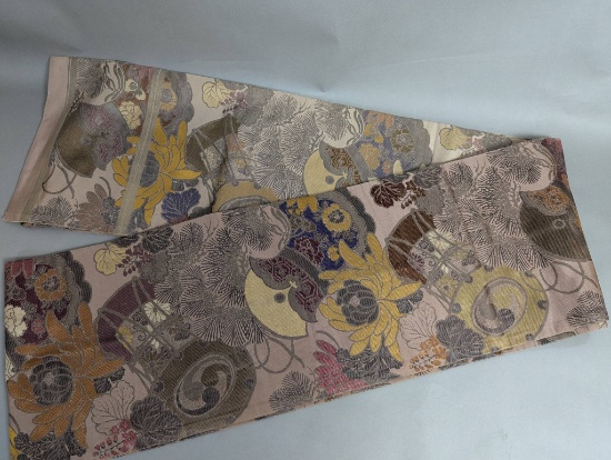 Maru Obi Vintage Silk Japanese with Floral and Abstract Motifs