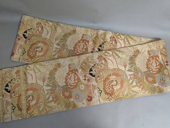 Pre World War II Japanese Silk Maru Obi with Floral and Phoenix Design