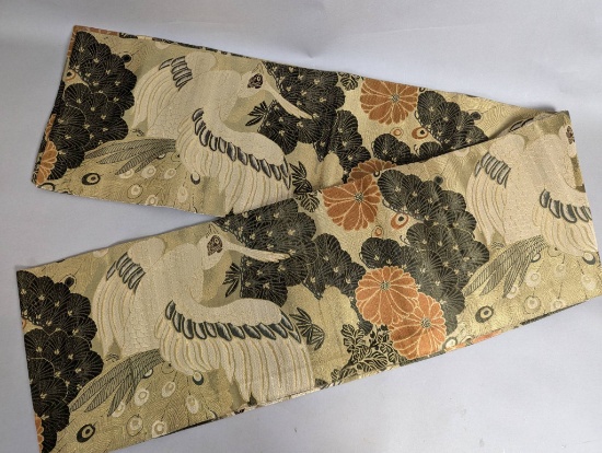 Japanese Textile Obi with Crane and Floral Motif