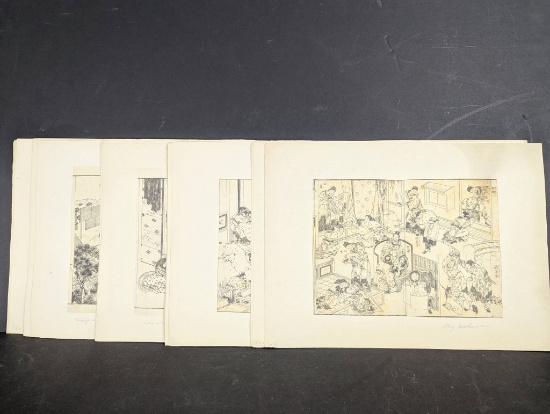 Lot of Japanese Woodblock Prints by Katsushika Hokusai 19th Century Bookplates