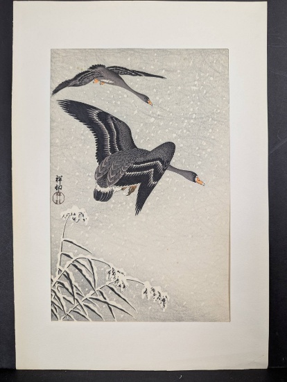 Japanese Woodblock Print Two White-fronted Geese Flying in Snow by Ohara Koson