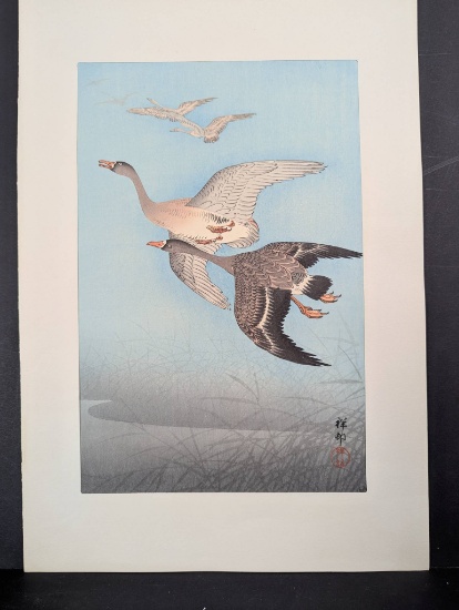 Japanese Woodblock Print â€˜Great Geese in Flightâ€™ by Ohara Koson