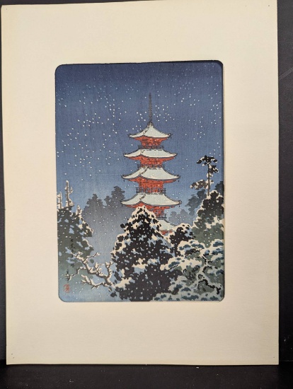 Japanese Woodblock Print Nikko Pagoda in Snow by Tsuchiya Koitsu