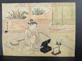 Japanese Woodblock Print by Suzuki Harunobu with Shamisen and Mirror