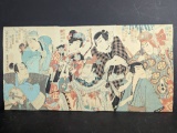 Japanese Woodblock Print by Toyohara Kunichika Depicting Kabuki Triptych 19th Century
