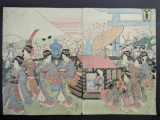 Japanese Woodblock Print Diptych by Utagawa Kuniyasu Pilgrimage 19th Century