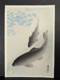 Japanese Woodblock Print Carp by Ohara Shoson with C-Type Watanabe Seal