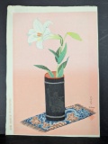 Japanese Woodblock Print Lily in Bamboo Vase by Bakufu Ohno