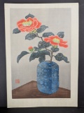 Camellias in a Vase by Yoshijiro Urushibara Japanese Woodblock Print