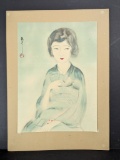 Japanese Woodblock Print by Hisashi Depicting Woman Playing Cards