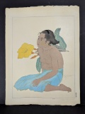 Paul Jacoulet Japanese Woodblock Print Young Girl of Saipan and Hibiscus Flowers