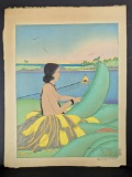 Paul Jacoulet Color Woodblock Print La Tresseuse de Paniers Remoue Yap