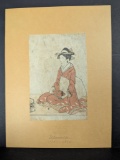 Japanese Woodblock Print by Kitagawa Utamaro Depicting Seated Woman Original 18th Century