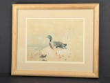 Signed Japanese Woodblock Print of a Duck in Natural Setting