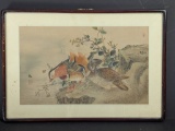 Signed Japanese Watercolor Depicting Mandarin Ducks on a Riverbank