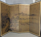 Japanese Byobu 4 Panel Folding Screen with Mountainous Landscape and Temple Scene